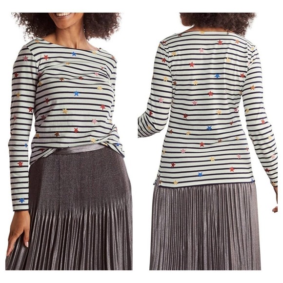 BODEN Christmas Breton Shirt In Multi Glitter Star On Stripe (US/2) - Picture 2 of 7